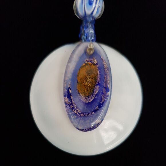 Glass Bead Necklace And Pendant, Blue, White, and Brown, Millefiori, Quartz - Picture 2 of 12